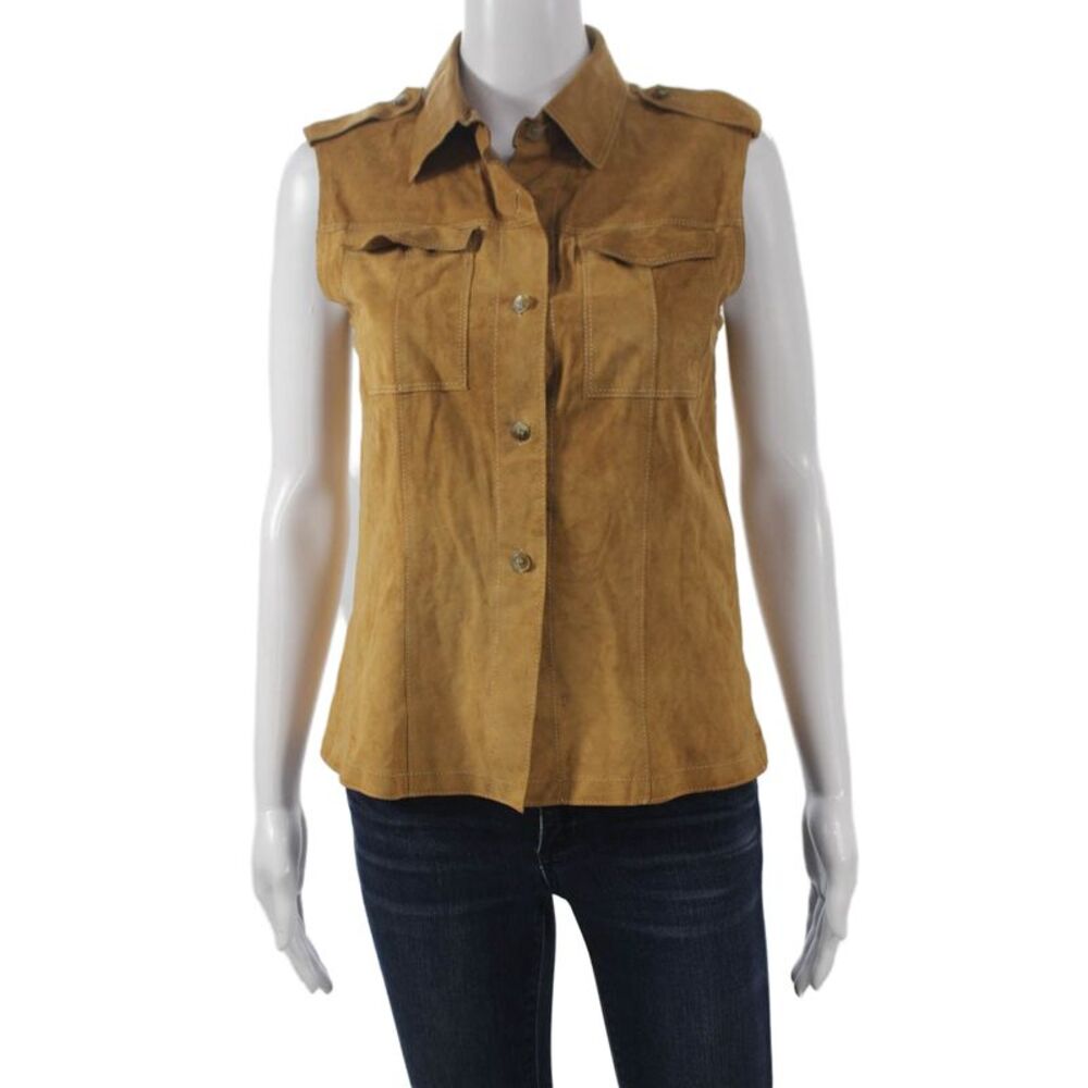 Gimos Women Basic Western Suede Collared Sleeveless Button-Up Brown Size S